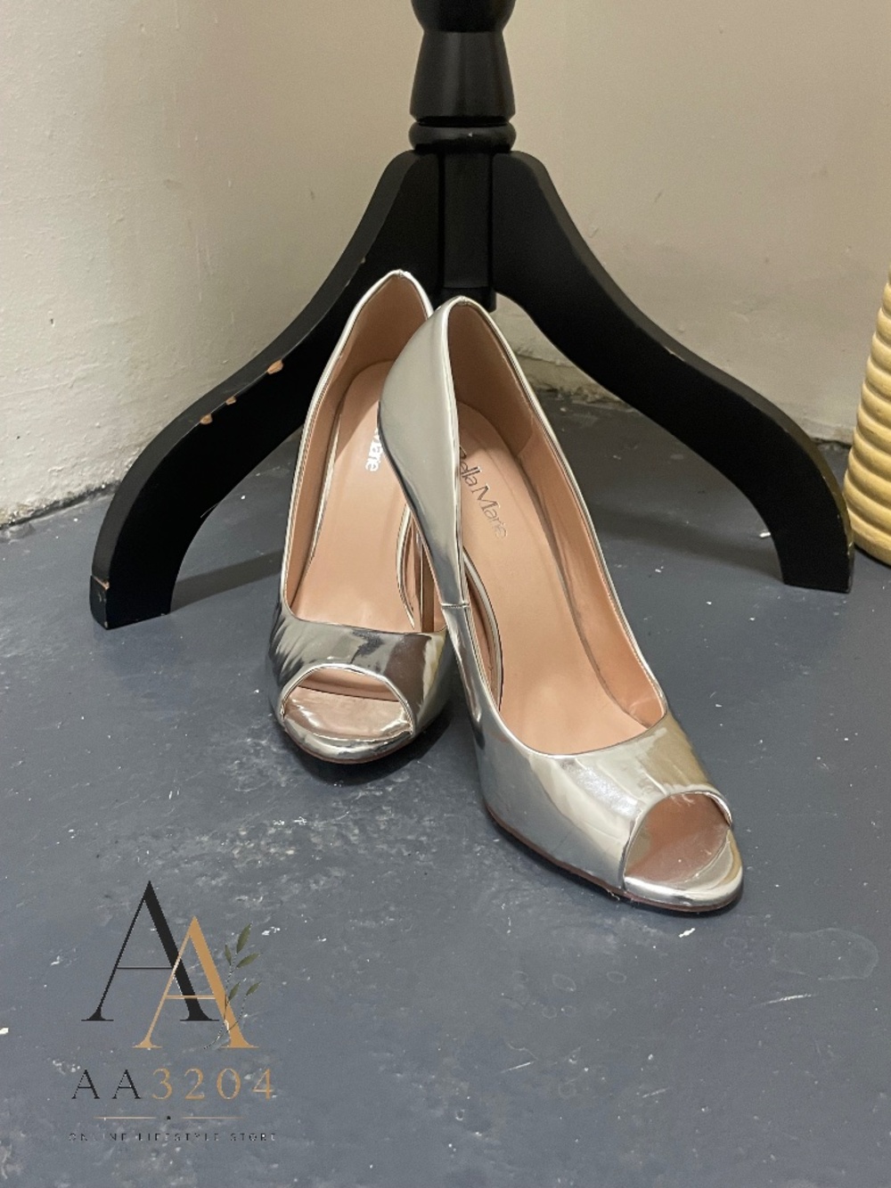 Bella Marie Silver Metallic Peep-Toe Stiletto Pumps